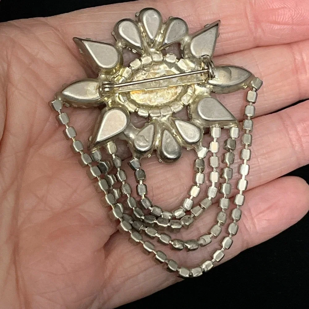 Vintage Green Rhinestone Flower Brooch 4 Strand Swag Drape